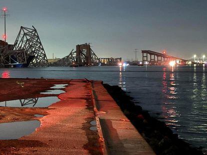 View of the Francis Scott Key Bridge after its collapse.  The vessel responsible for the accident is the 'Dali,' a Singapore-flagged freighter with a length of 299.92 meters and width of 48.2 meters.