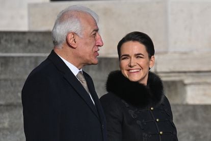 Hungarian President Katalin Novak (R) and Armenian President Vahagn Khachaturyan during the welcoming ceremony in front of the Parliament in Budapest, Hungary, February 06, 2024.