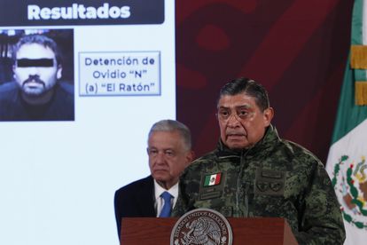 The Secretary of National Defense, Luis Cresencio Sandoval, speaks about the arrest of Guzmán, during a press conference at the National Palace.