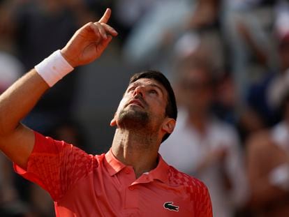 Serbia's Novak Djokovic celebrates winning his semifinal match of the French Open tennis tournament against Spain's Carlos Alcaraz at Roland Garros on Friday.