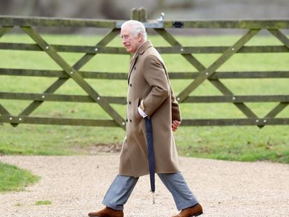 King Charles III attends the Sunday service at the Church of St Mary Magdalene on the Sandringham estate on January 7, 2024 in Sandringham, England.