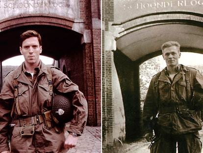 Actor Damian Lewis playing Richard Winters in 'Band of Brothers' (left) and Captain Richard 'Dick' Winters posing in Schoonderlogt (right).