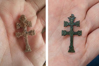 Two images of the Caravaca cross found in the ruins of a British settlement in Maryland.