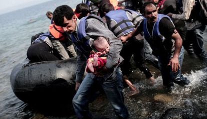 A group of refugees arriving at the Greek island of Lesbos on Thursday.