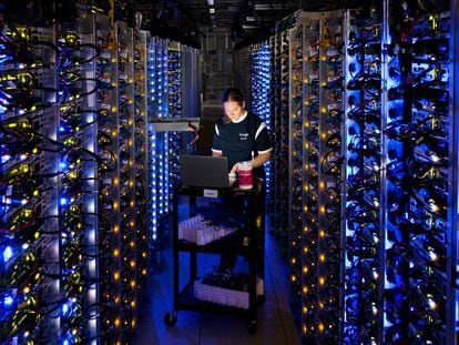 An operator performs work at the Google data center in The Dalles, Oregon.