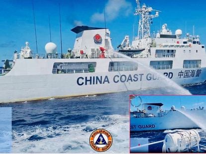 China Coast Guard allegedly uses a water cannon against the Philippine Coast Guard vessels, which were escorting a resupply mission for the Philippine troops stationed at the Second Thomas Shoal in the South China Sea on August 5, 2023, in this handout photo released on August 6, 2023.