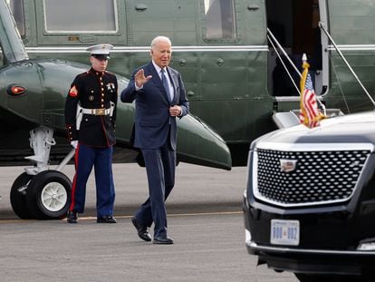 US President Joe Biden arrives at Leesburg Executive Airport in Virginia on February 8, 2024.