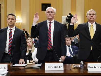 The key witnesses of the fifth day of hearings on the attack on Capitol Hill: from left, Steven Engel, Jeffrey Rosen and Richard Donoghue, all members of the Department of Justice, active during the months between the November 2020 elections and January 6.