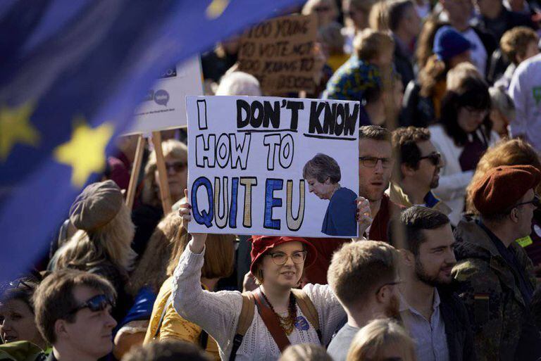 People protest against Brexit in London.