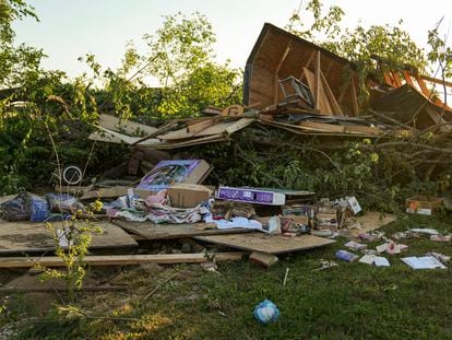 Debris is left behind after a reported tornado touched down in several areas of Greenwood, Indiana, on June 25, 2023.