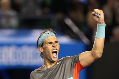 Rafael Nadal of Spain celebrates winning his semifinal match against Roger Federer.