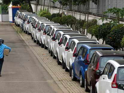 Electric cars manufactured at Mahindra Electric's facility in Bangalore, India.