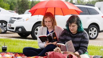 Students participate in a demonstration to read book titles that the Nampa School District is working to ban, on June 16, 2022, in Nampa, Idaho.