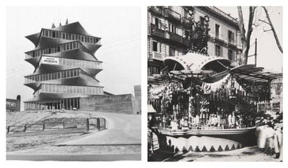 Left, the JORBA laboratory tower, popularly known as The Pagoda. Right, the Canaletas kiosk demolished in 1951.