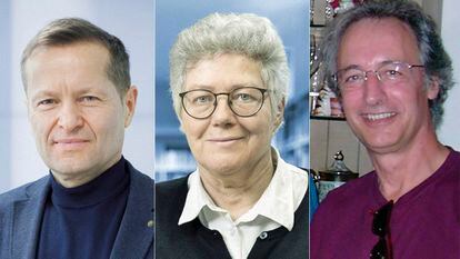 (l-r) Ferenc Krausz, Anne L'Huillier and Piere Agostini, the recipients of the Nobel Prize in Physics in 2023.