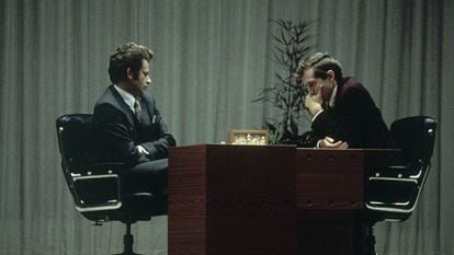 American Bobby Fischer, right, plays chess with Soviet Boris Spassky in Reykjavik in 1972.

