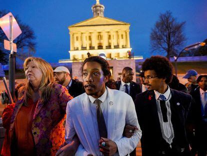 Rep. Justin Pearson, Rep. Justin Jones, and Rep. Gloria Johnson leave the Tennessee State Capitol in Nashville, Tennessee, on April 6, 2023.