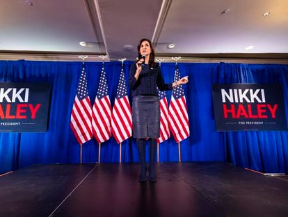 U.S. Republican presidential candidate Nikki Haley addresses supporters at a campaign rally in Washington.