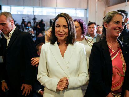 Venezuelan opposition leader Maria Corina Machado attends an event to receive the credential as winner of the October 22 opposition's primary election, in Caracas, Venezuela October 26, 2023.