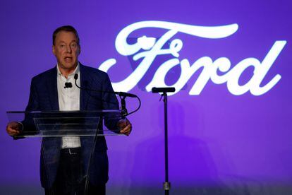 Bill Ford, executive chairman of Ford Motor Company, speaks at their Rouge Visitor Center in Dearborn, Michigan, U.S. October 16, 2023.