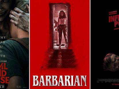This combination of images shows promotional art for the films "Evil Dead Rise," "Barbarian," and "Infinity Pool."