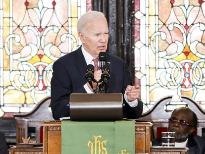 US President Joe Biden speaks during a campaign event at Mother Emanuel AME Church in Charleston, South Carolina, USA, 08 January 2024.