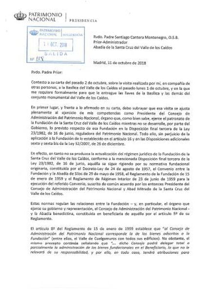 The letter in response sent by Patrimonio Nacional to the prior.