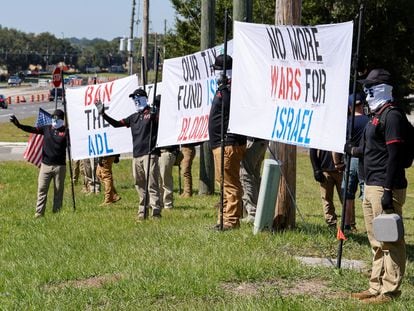 Members of the white nationalist group NatSoc Florida during a protest in Lady Lake, Florida, U.S., October 21, 2023.