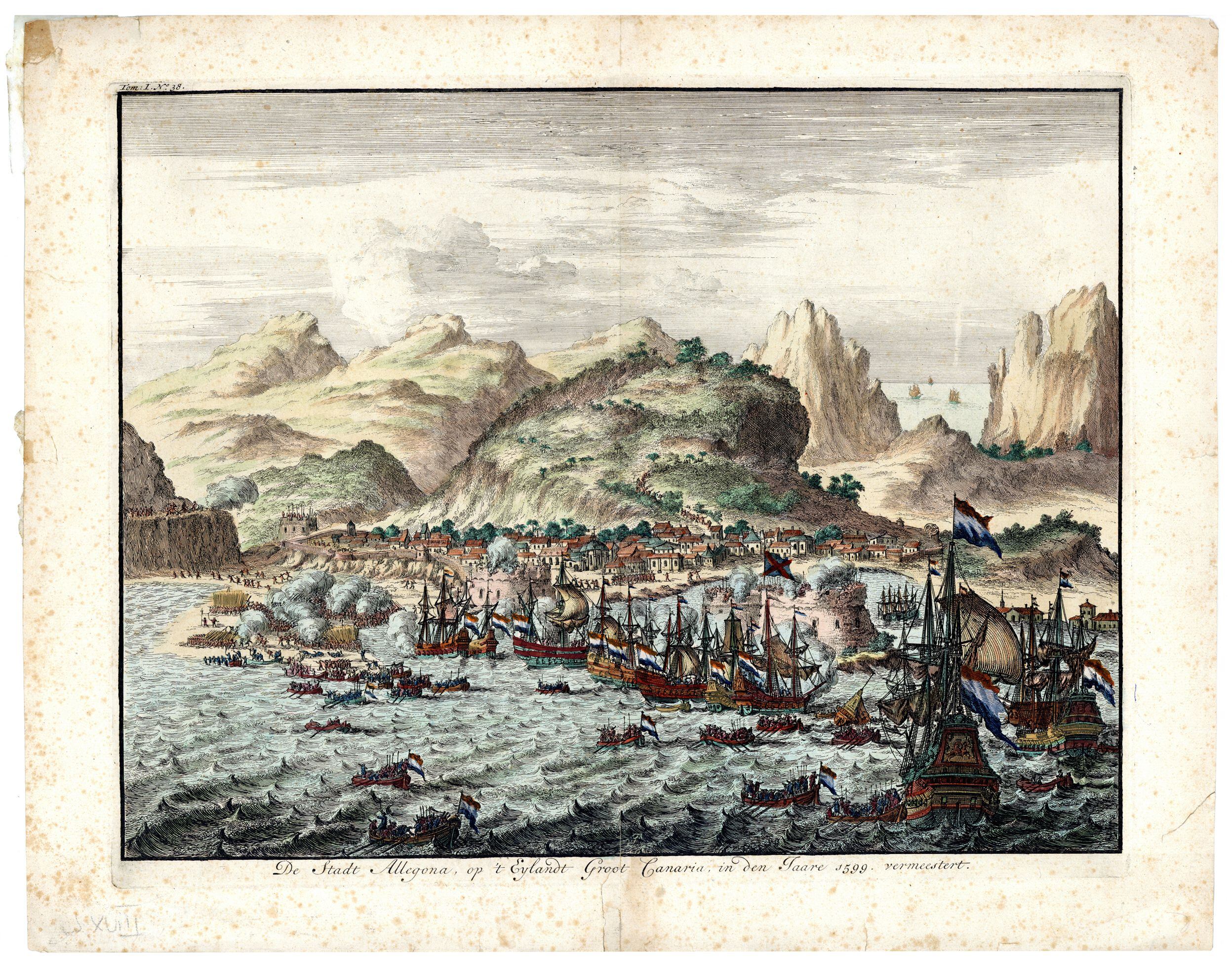 Grabado de la Armada holandesa de 1599, atacando Gran Canaria.