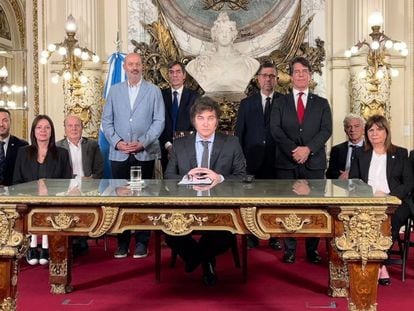 The president of Argentina, Javier Milei, with members of his cabinet at the Casa Rosada on Wednesday.