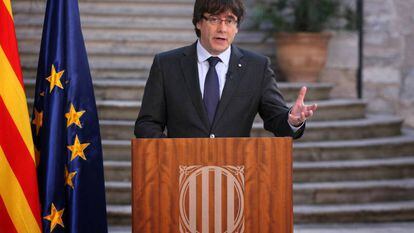 Ex-regional premier Carles Puigdemont during his recorded message today.