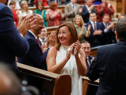 Newly elected Speaker of the Parliament, Francina Armengol is applauded during a voting session at the Spanish Parliament in Madrid, on Aug. 17, 2023
