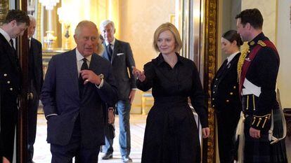 King Charles III receives Liz Truss, Prime Minister of the United Kingdom, at Buckingham Palace.