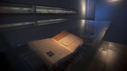 The original copy of Anne Frank’s diary, on display at the Anne Frank House in Amsterdam.