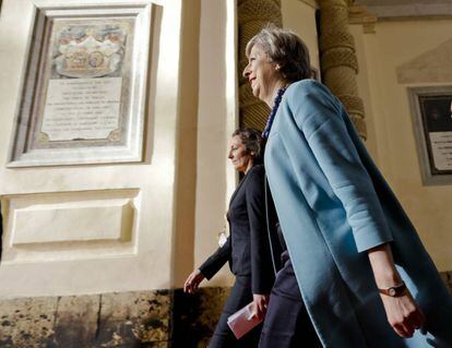 British PM Theresa May arrives at the EU summit in Valletta, Malta.