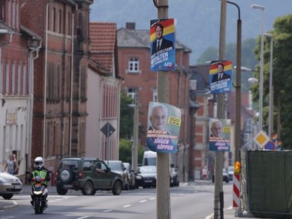 A street in Sonneberg, in the federal state of Thuringia, with posters of AfD candidate Robert Sesselmann and Christian Democrat Jürgen Köpper on June 26.