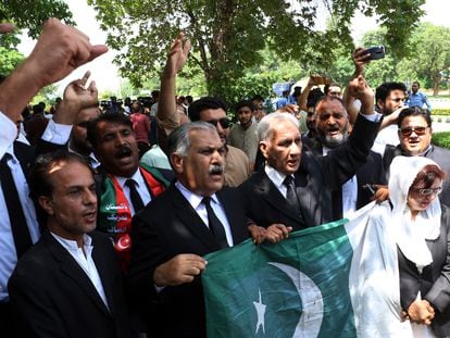 Lawyers supporting former Pakistan's Prime Minister Imran Khan react after Islamabad High Court suspended sentence against Khan, in Islamabad, Pakistan, on Aug. 29, 2023.