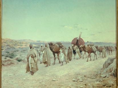 An oil on canvas painting by Paul Lazerges from 1892, titled 'A Caravan near Biskra' (Algeria).