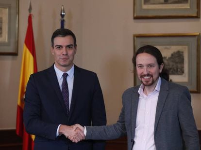 Caretaker Prime Minister Pedro Sánchez and Unidas Podemos leader Pablo Iglesias on Tuesday.