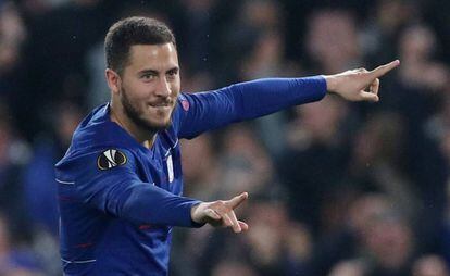 Belgian Chelsea player Eden Hazard celebrates his team reaching the final of the Europa League.