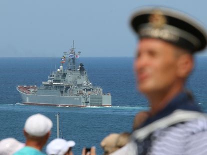 FThe Russian Navy's large landing ship Caesar Kunikov sails during the Navy Day parade in the Black Sea port of Sevastopol, Crimea July 26, 2020.