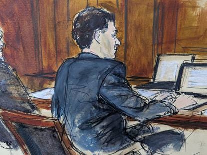 In this courtroom sketch, FTX founder Sam Bankman-Fried, right, sits at the defense table next to his attorney Christian Everdell as jury selection began in his fraud trial, Tuesday, Oct. 3, 2023