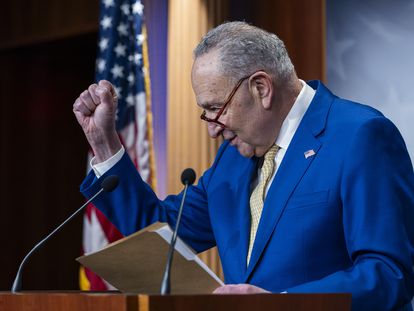 Senate Democratic Majority Leader Chuck Schumer after the passage of the funding bill for aid to Ukraine and Israel in Washington on February 13.
