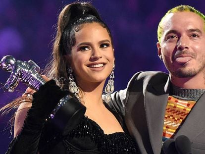 Rosalía and J Balvín collect their award at the MTV Video Music Awards. Video: Rosalía performs at last night’s ceremony.