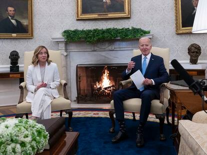 Italian Prime Minister Giorgia Meloni (L) and US President Joe Biden meet in the White House in Washington, DC, USA, 01 March 2024.