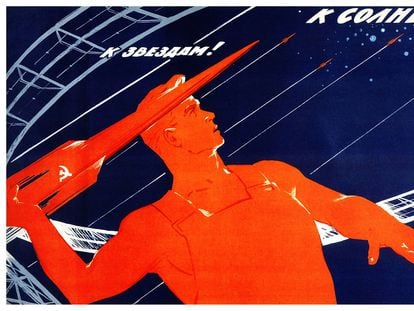 A 1965 Soviet space-race propaganda poster says, "To the Sun! To the stars!"