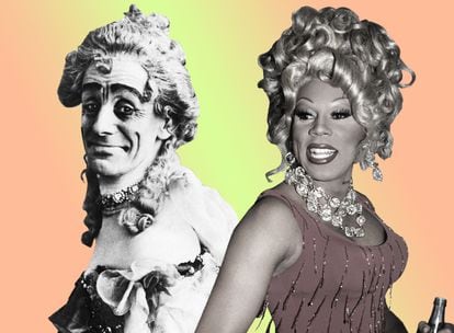On the left, a male actor portrays a woman on a British stage in the early-20th century. On the right is RuPaul, who, today, is the most famous drag queen in the world.