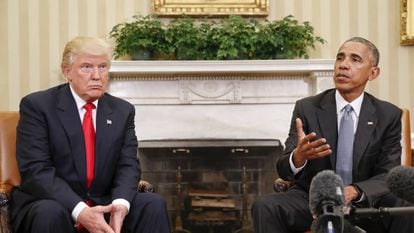 Trump and Obama meet in the Oval Office.