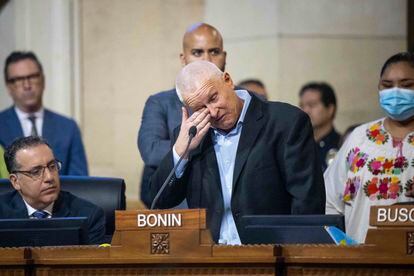 Los Angeles City Councilman Mike Bonin sheds tears as he speaks about the racist comments directed towards his son during the council's meeting on Tuesday. 