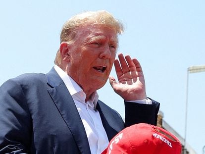 Former U.S. President Donald Trump gestures on the day of his "Make America Great Again" rally in Pickens, South Carolina, U.S., July 1, 2023.